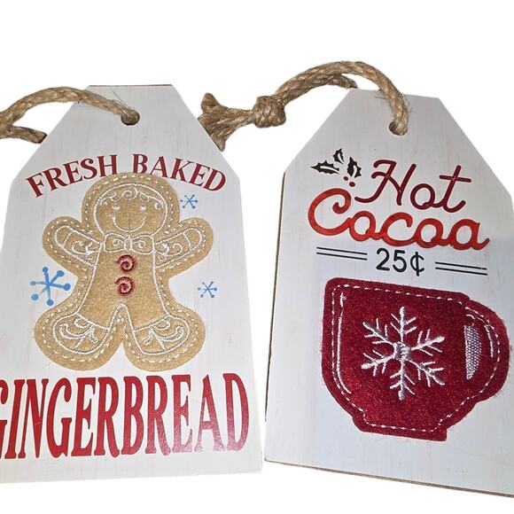 Christmas Gingerbread Tin & Ornament Cocoa Sign Set Rustic Holiday Kitchen Decor - Picture 3 of 4